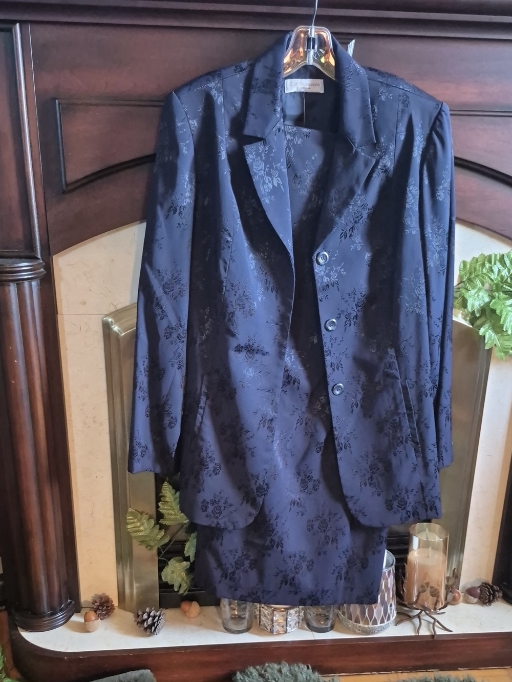 SAN FRANCISCO Classic Dark Navy Floral Jacquard Women's Blazer and Dress Set